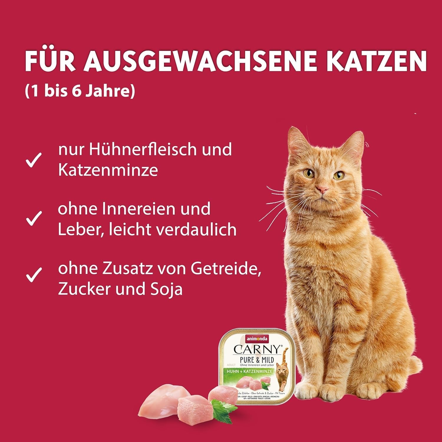 Adult Pure & Mild mokra karma dla kotów z kurczakiem i kocimiętką (32 x 100 g), dla wrażliwych kotów, bez zbóż i bez cukru, lekkostrawna mokra karma z kurczakiem