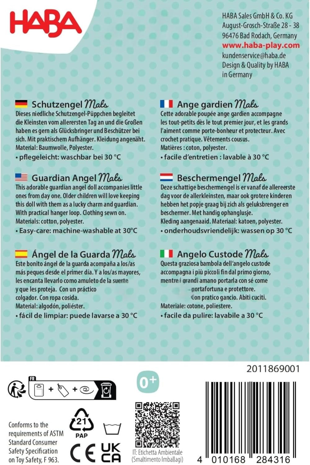 Maty Anioła Stróża HABA - Urocza lalka tekstylna (15 cm), idealny prezent powitalny dla niemowląt i małych dzieci - Można prać w temperaturze 30 °C - 2011869001