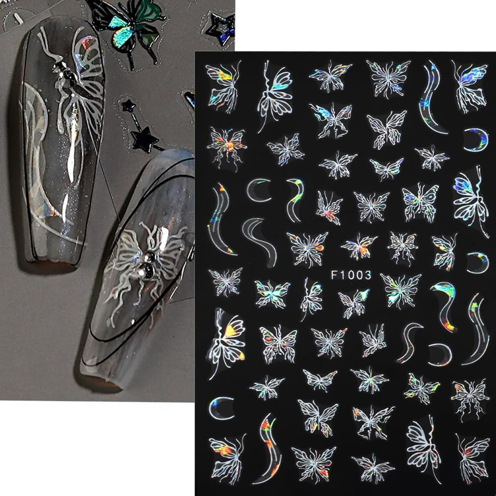 4 Blätter Holographisch Laser Weiß Schmetterling Nagelsticker,Y2K Aurora Schmetterlinge Stern Nail Naklejka 3D Flamme Herz Nageldesign Nagelsticker Selbstklebend Nagel Naklejka Nagel Zubehör Nail Art
