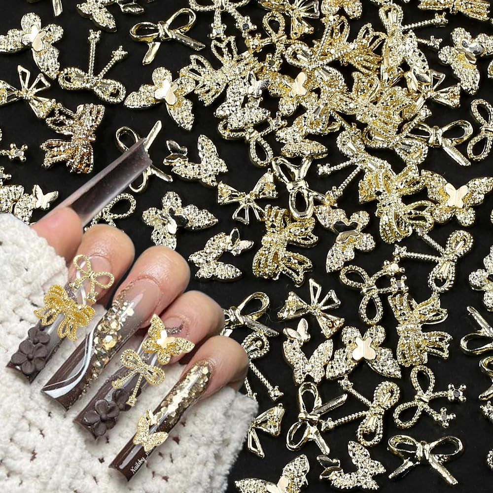 50Stück 3D Złota kokardka Charms do paznokci Motyl Nail Art Charms Legierung Bogen Nagel Charms Nägel Zubehör Schleife Nagelschmuck Metall Schleifen Schmetterling Nageldesign Nagelanhänger Nailart Strasssteine
