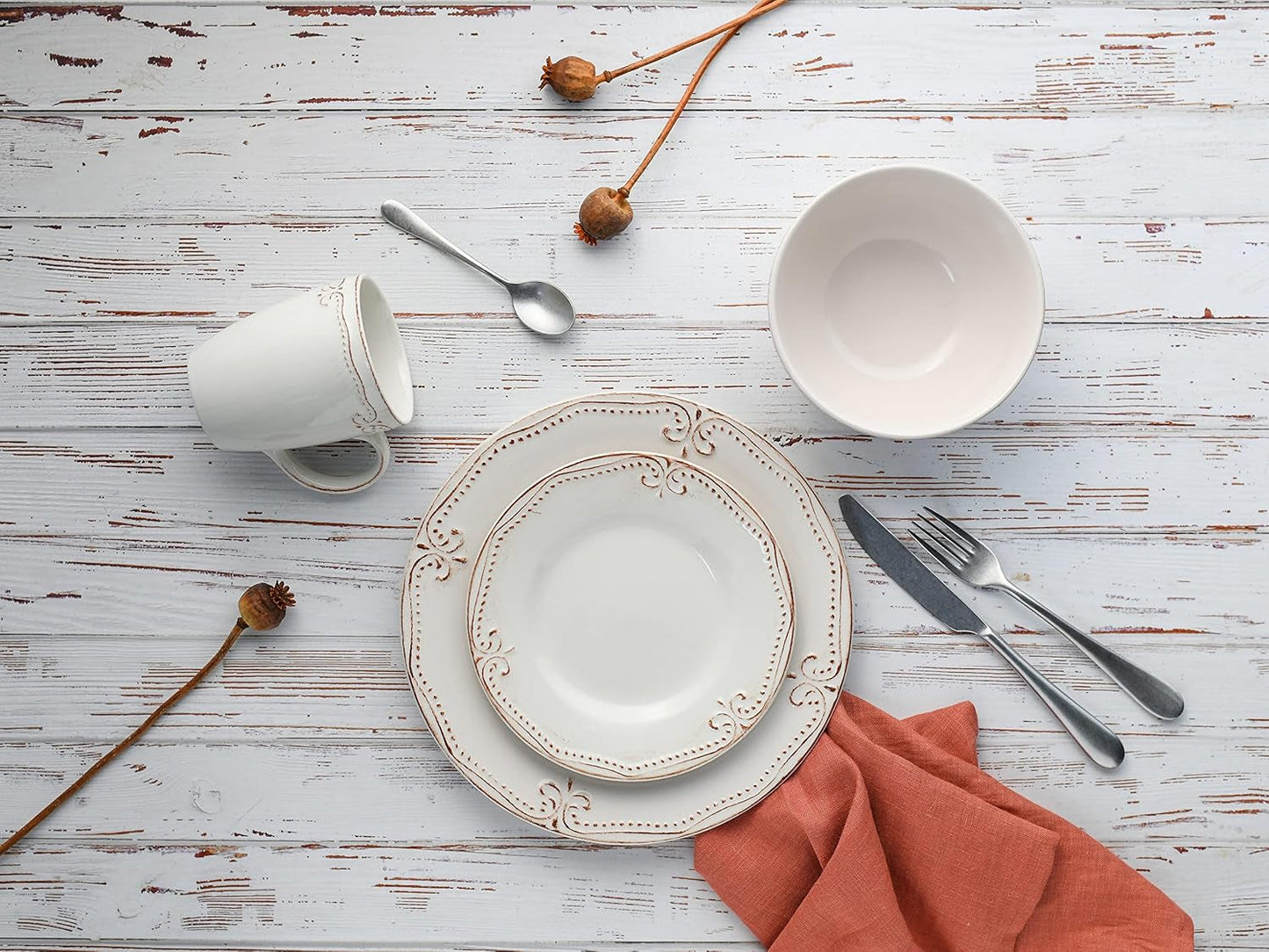 CreaTable, 23601, seria Romantic Vintage, 16-częściowy zestaw naczyń obiadowych dla 4 osób, usługa łączenia porcelany, można myć w zmywarce i używać w kuchence mikrofalowej, jakość produkcji