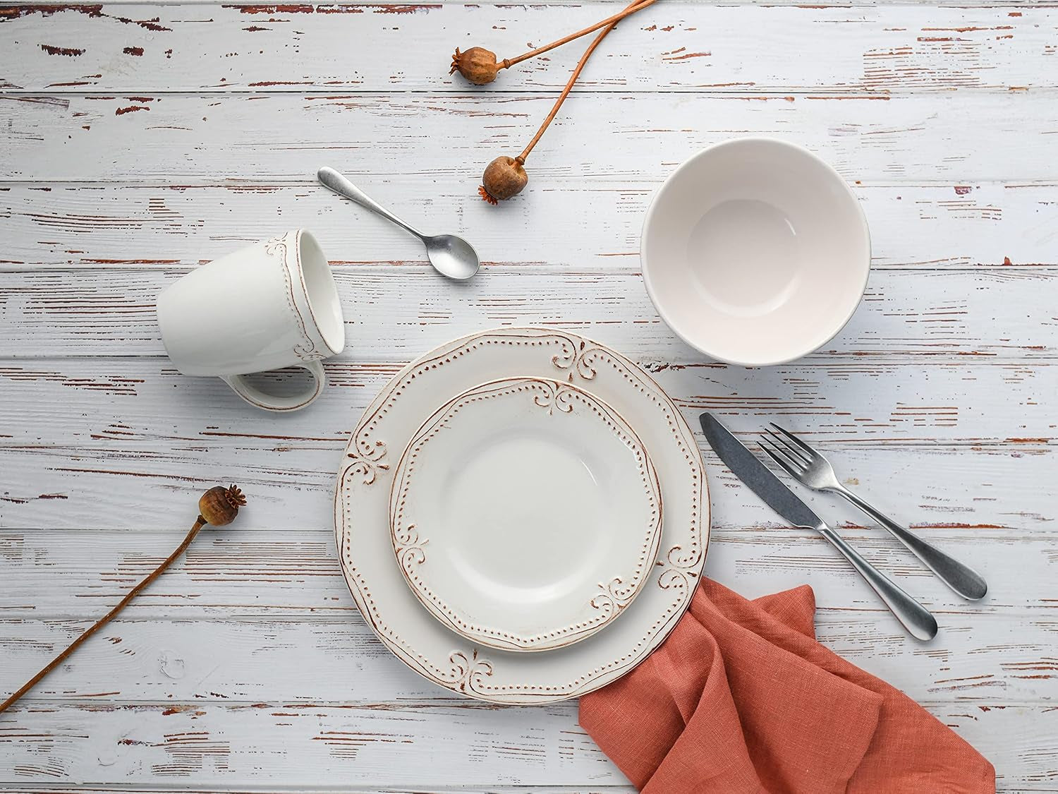 CreaTable, 23601, seria Romantic Vintage, 16-częściowy zestaw naczyń obiadowych dla 4 osób, usługa łączenia porcelany, można myć w zmywarce i używać w kuchence mikrofalowej, jakość produkcji