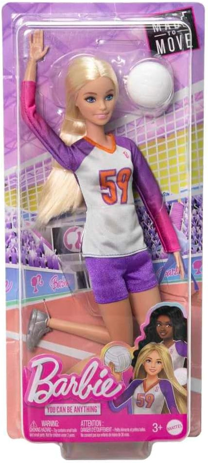 Barbie Made to Move – lalka siatkarka z koszulką i piłką – 22 przeguby do realistycznej zabawy, zawiera piłkę do siatkówki i sprzęt sportowy, HKT72