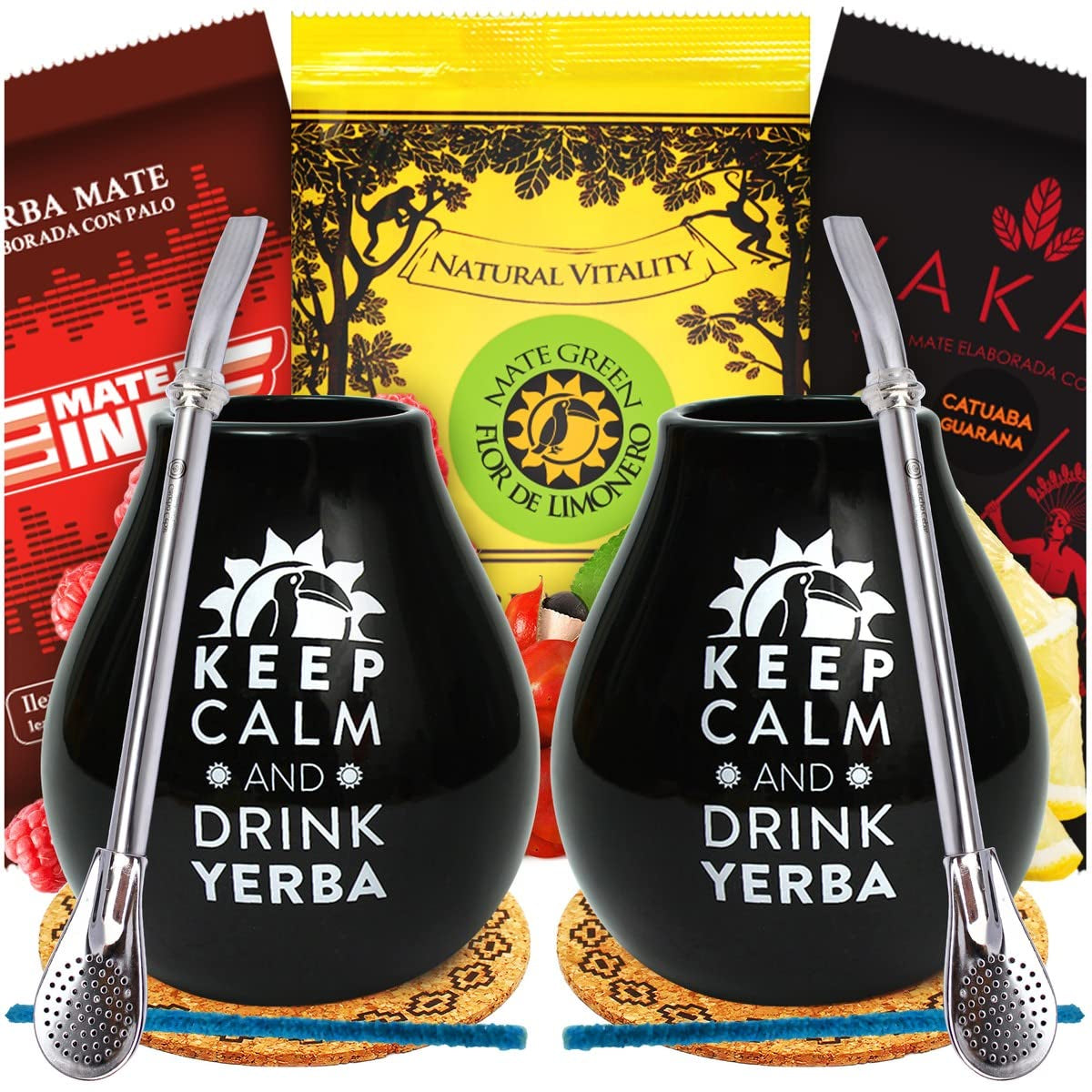Yerba Mate Zestaw do herbaty dla dwojga 150G | Herbata Mate z guaraną i owocami | Herbata Yerba Mate w liściach sypkich | Kubek ceramiczny czarny matowy 350 ml | Stalowa słomka Bombilla Liza 19 cm