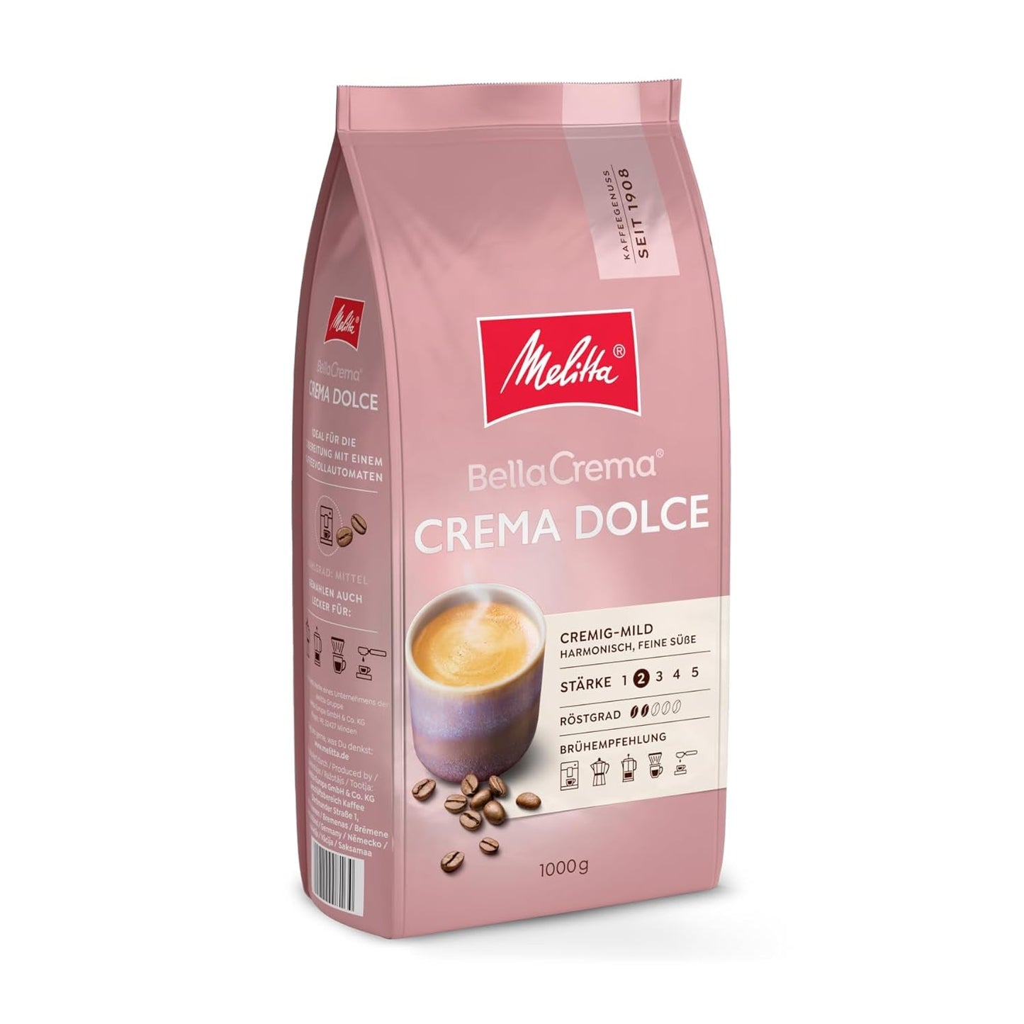 Melitta BellaCrema Crema Dolce kawa ziarnista 1 kg, niemielona, ​​kawa ziarnista do ekspresów w pełni automatycznych, lekko palona, ​​palona w Niemczech, intensywność 2