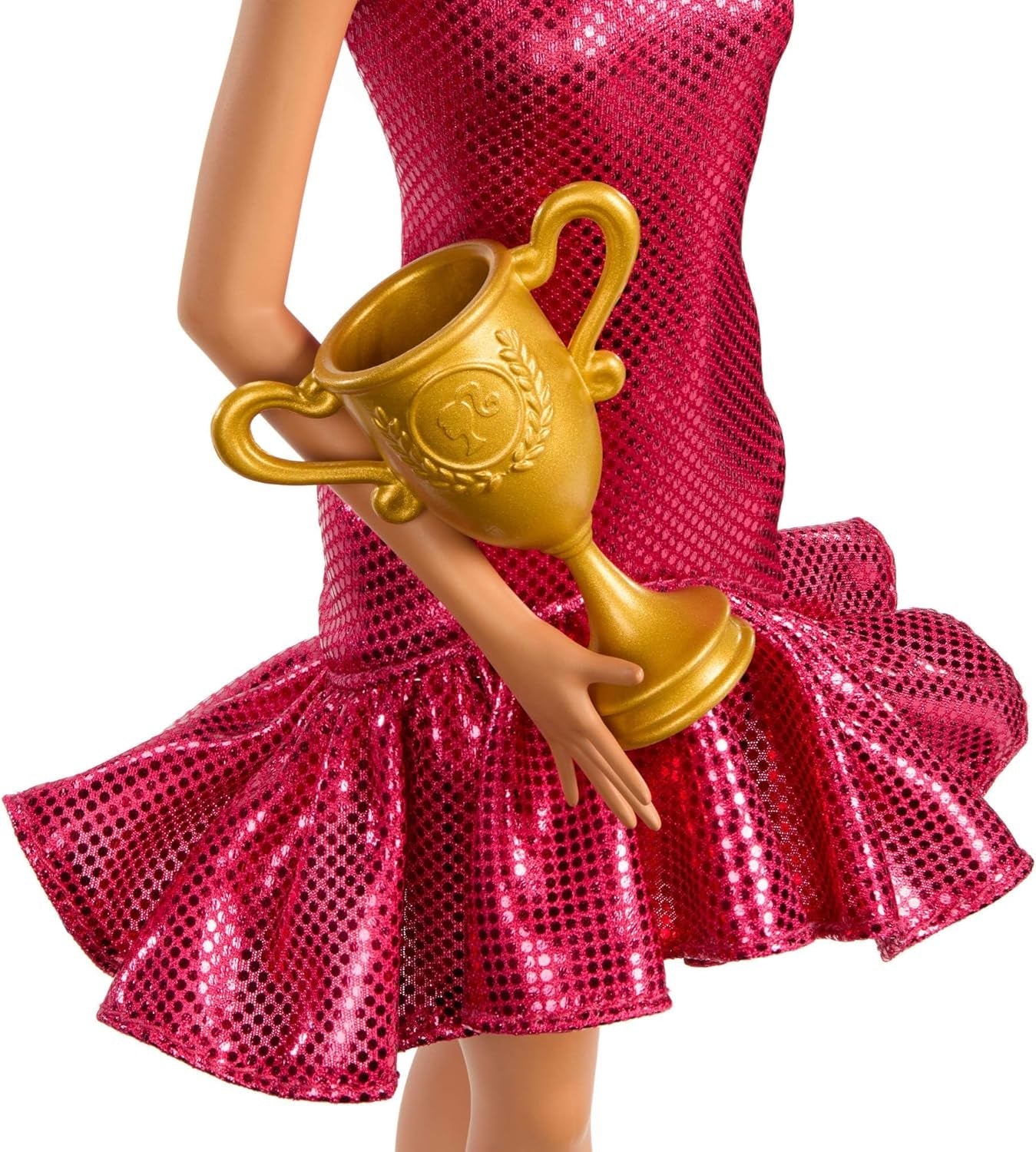 Lalka Barbie Tancerka turniejowa w czerwonej marszczonej sukience, butach do tańca, brązowych włosach i akcesoriach do trofeów tanecznych, JFR09