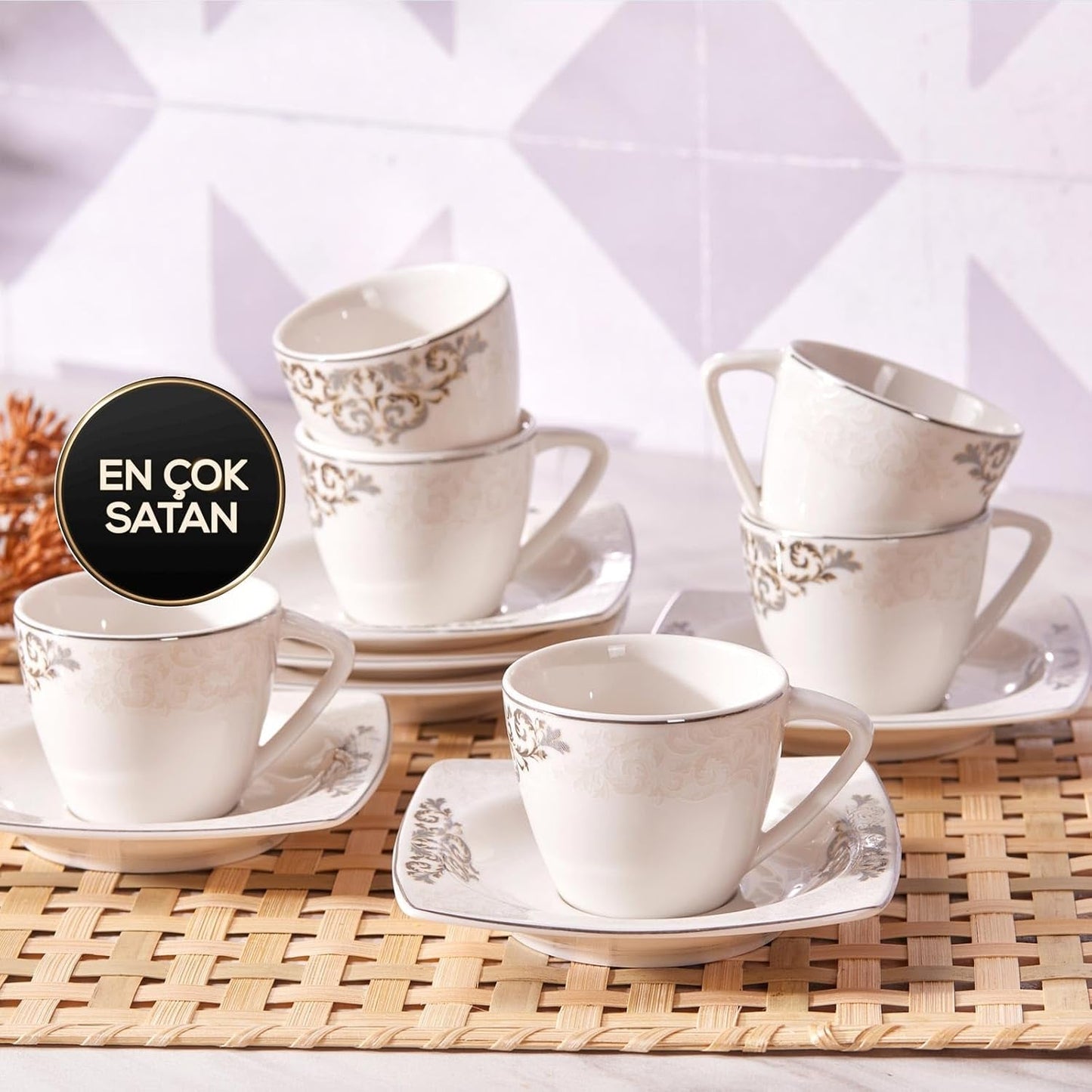 Zestaw porcelanowych filiżanek do espresso KARACA Nazende - 80 ml tureckie filiżanki do kawy ze spodkami, 12-częściowy nowoczesny serwis do kawy z 6 filiżankami do kawy i 6 spodkami, filiżanki do mokki - biały