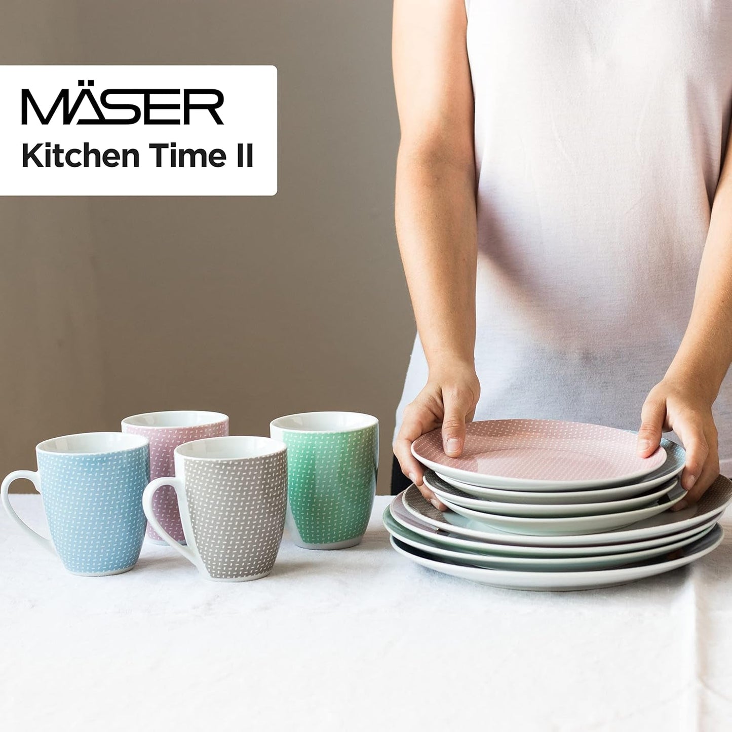 MĘSER Kitchen Time II, Zestaw zastawy stołowej dla 4 osób, Serwis łączony z 16 sztuk w pastelowych kolorach z subtelnym wzorem, Porcelana, Różowy