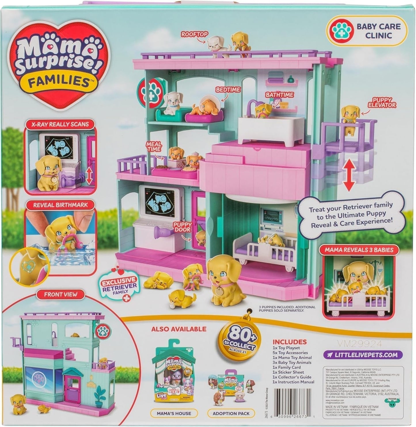 Zestaw Little Live Pets Mama Surprise Families Baby Clinic, w zestawie 3 szczenięta retrieverów, Magic, dwustronny zestaw (27,8 cm szer., 23,8 cm wys.). Karmienie, kąpiel i zabawa, prezent dla dzieci Figurki Naty Shop