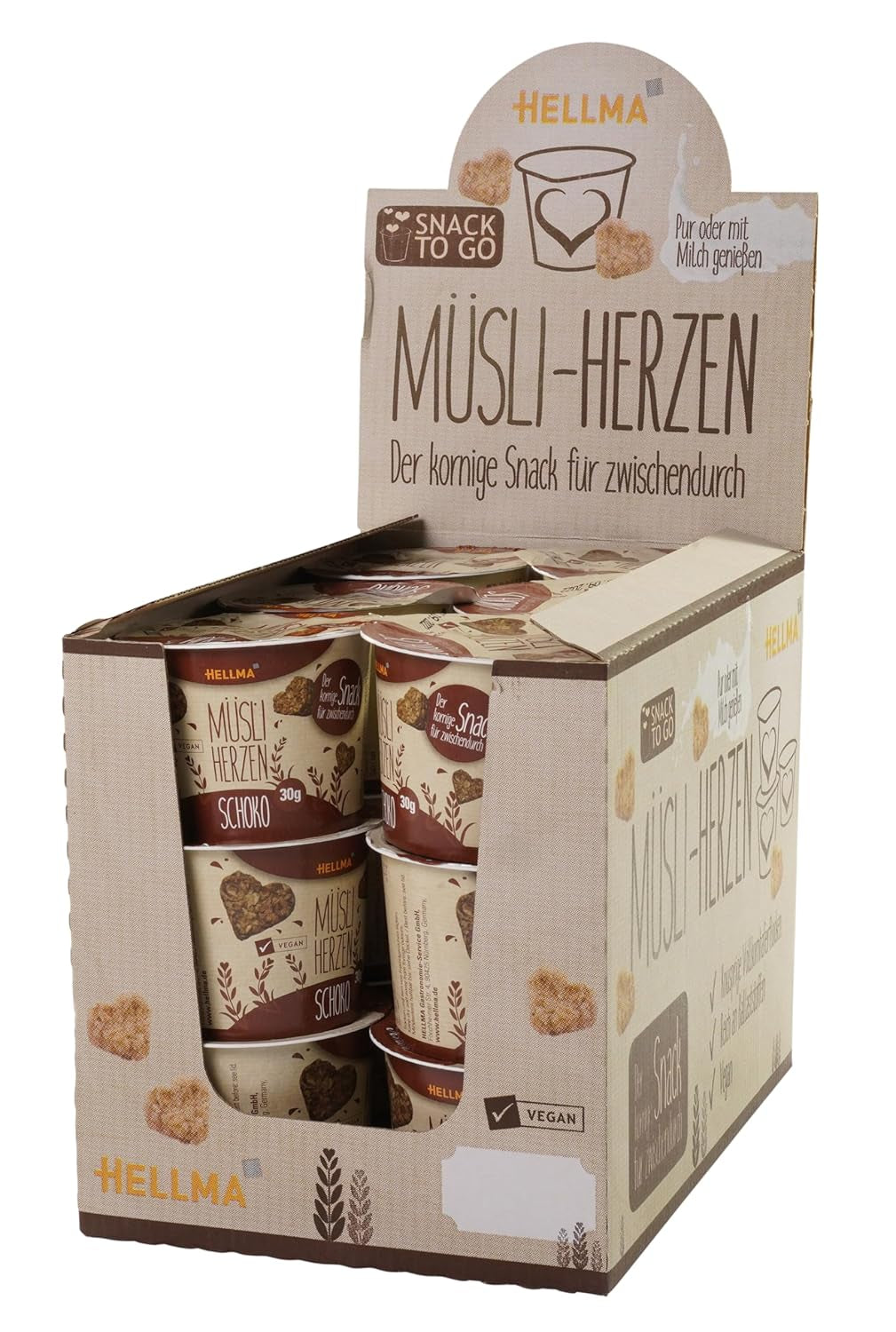 HELLMA Serduszka z Muesli i Czekoladą - 18 porcji po 30 g - Płatki Owsiane w kształcie serca oblane czekoladą, kubeczki na wynos