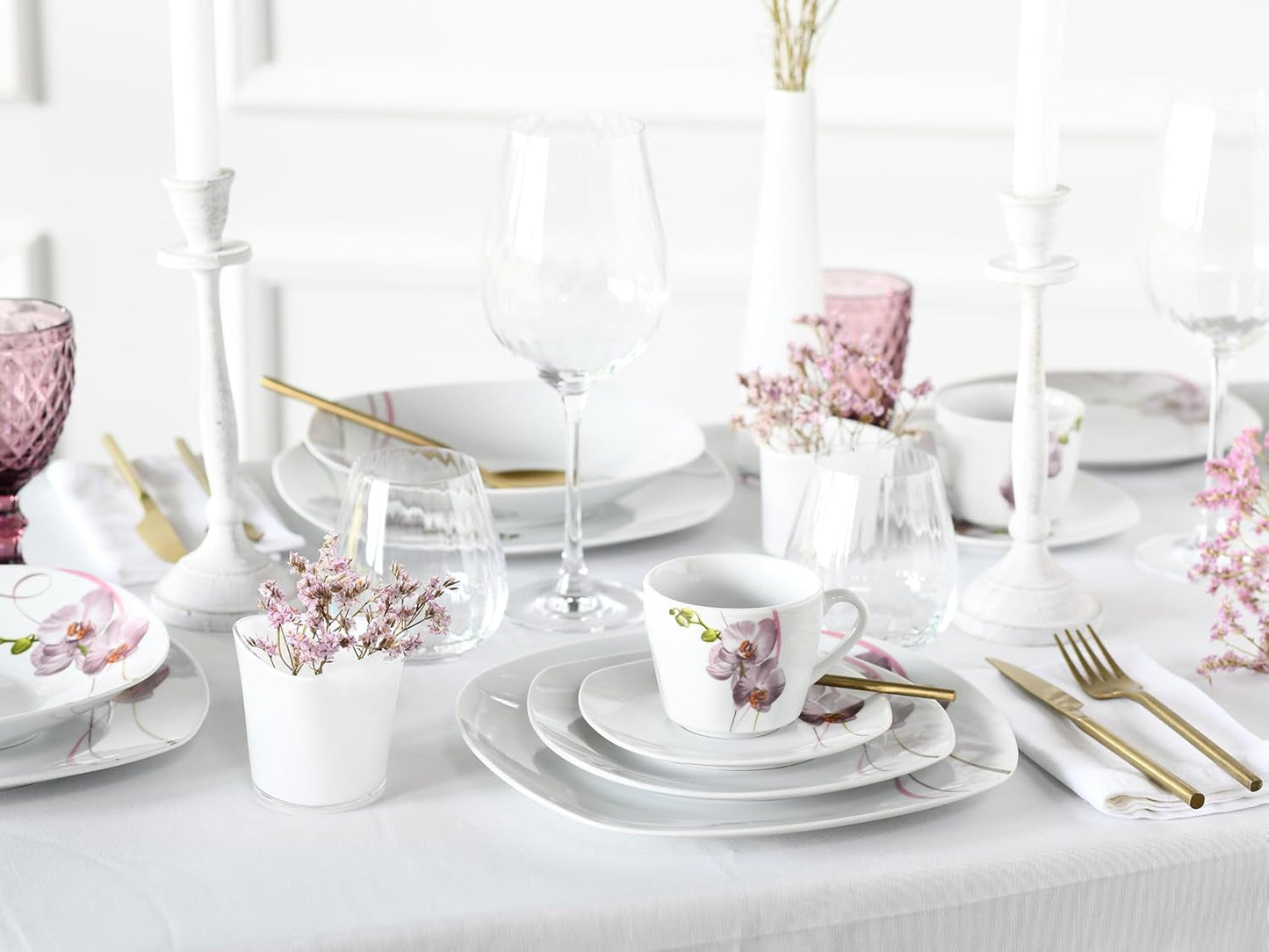 CreaTable, 24024, seria Square Orchid, 18-częściowy zestaw naczyń obiadowych dla 6 osób, porcelanowy serwis do kawy, można myć w zmywarce i używać w kuchence mikrofalowej, jakość produkcji