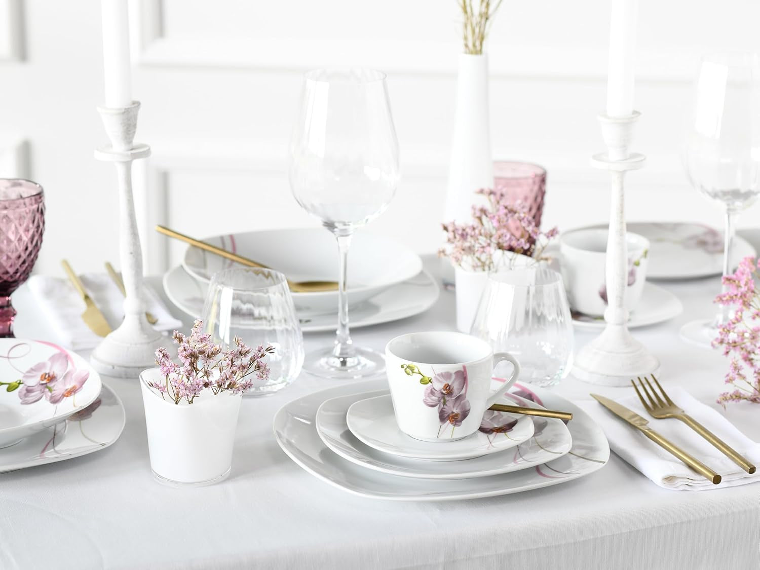 CreaTable, 24024, seria Square Orchid, 18-częściowy zestaw naczyń obiadowych dla 6 osób, porcelanowy serwis do kawy, można myć w zmywarce i używać w kuchence mikrofalowej, jakość produkcji
