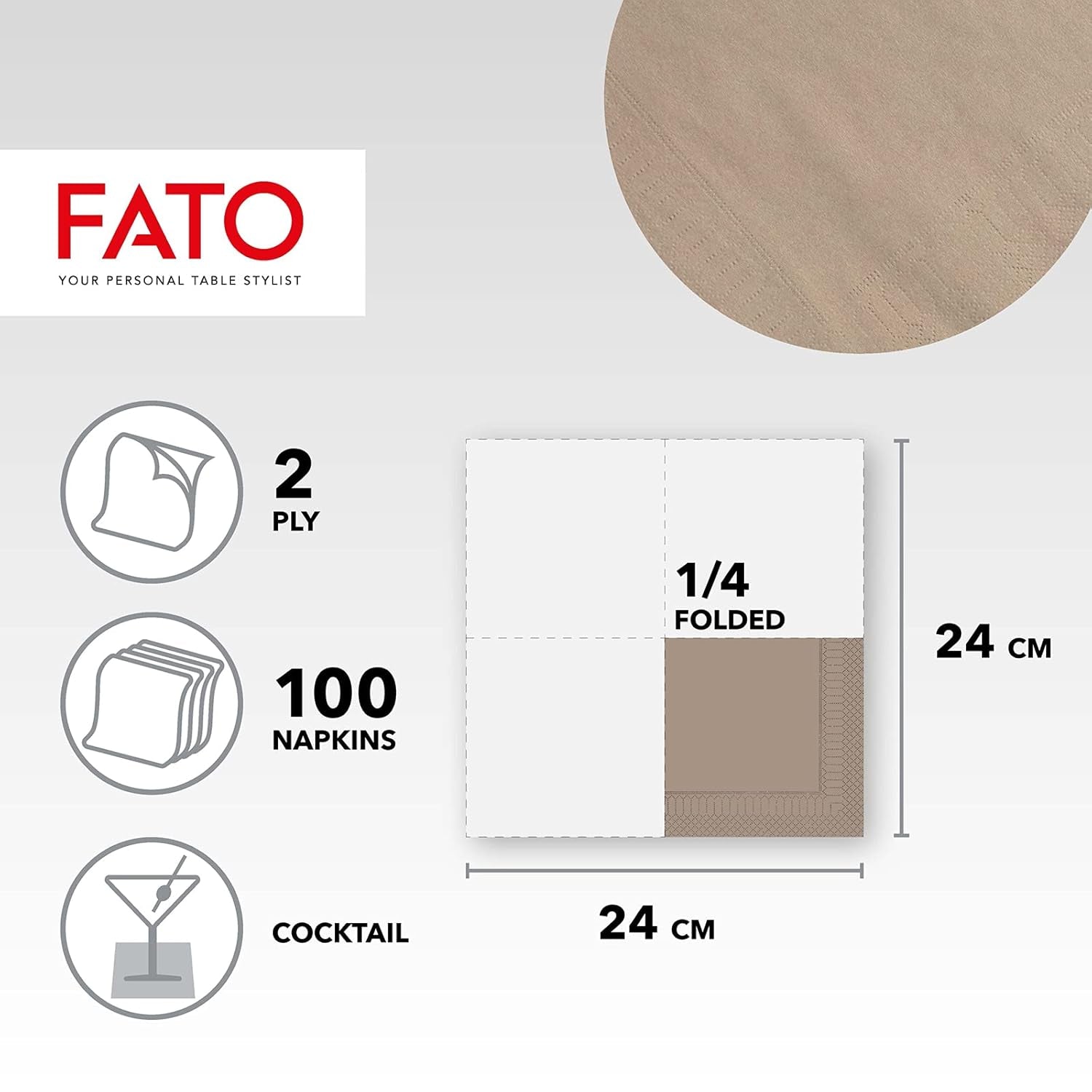 , Jednorazowe serwetki papierowe, Idealne do przystawek i koktajli, Opakowanie 100 serwetek, Rozmiar 24X24 złożone na 4, 2 warstwy, Kolor Turtledove, 100% czysty papier celulozowy, Certyfikat Fsc