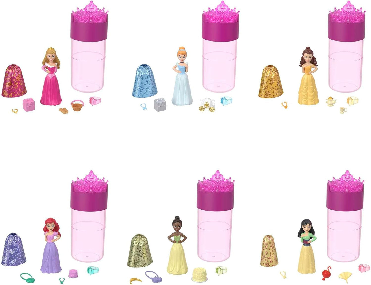 Prezentacja kolorów księżniczki Disneya - 6 lalek-niespodzianek aktywowanych wodą, akcesoria, dla dzieci w wieku 3+, Ariel, Tiana, Mulan, Kopciuszek, Bella, Aurora, HPX39