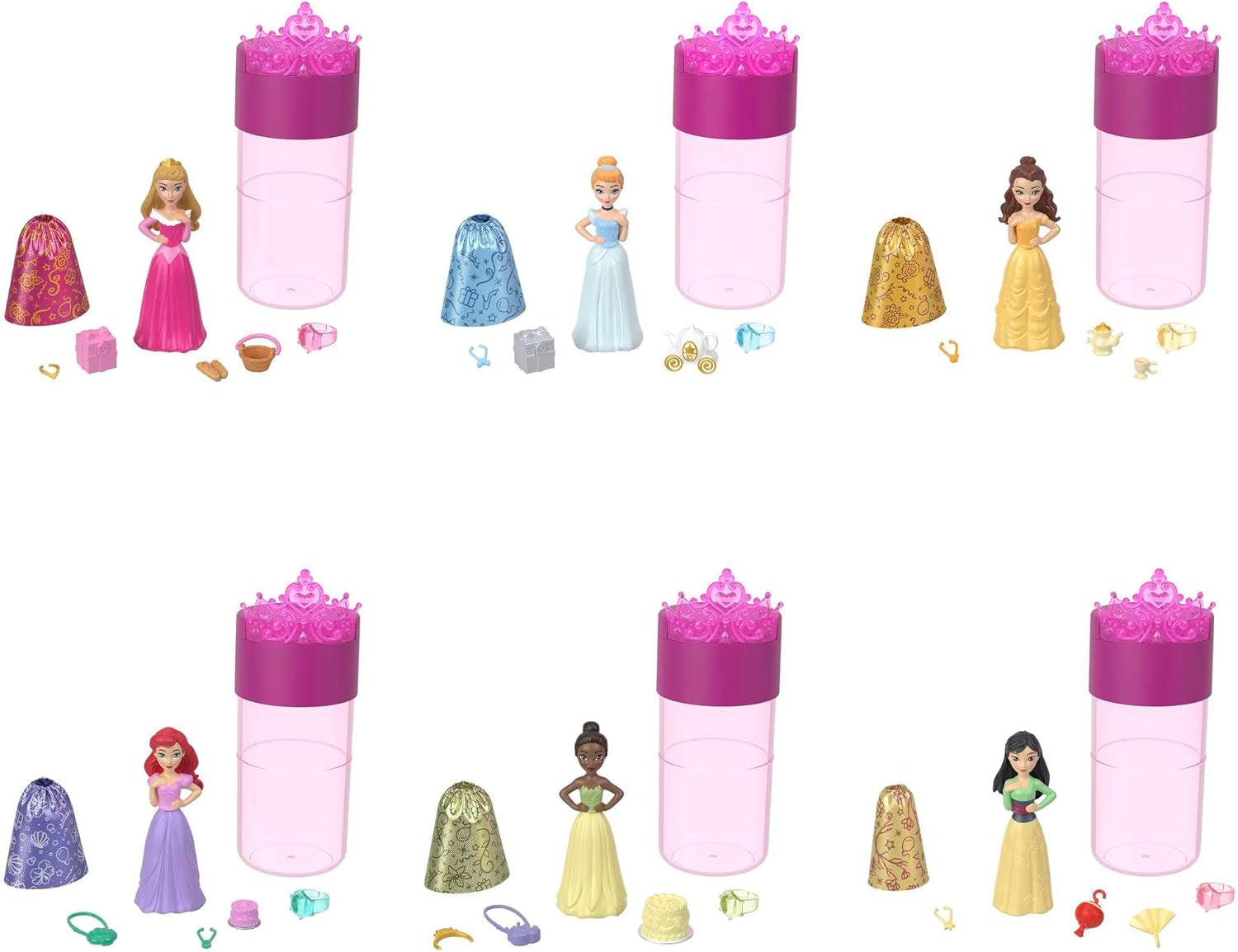 Prezentacja kolorów księżniczki Disneya - 6 lalek-niespodzianek aktywowanych wodą, akcesoria, dla dzieci w wieku 3+, Ariel, Tiana, Mulan, Kopciuszek, Bella, Aurora, HPX39