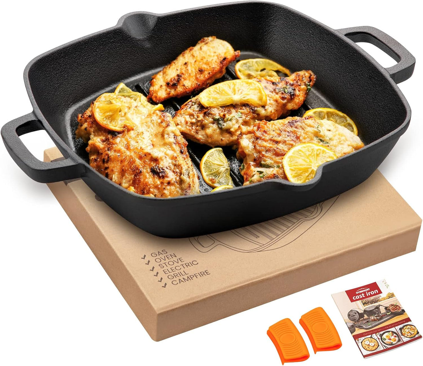 Żeliwna patelnia grillowa z uchwytem OVERMONT Garnki i patelnie Naty Shop Square 26Cm