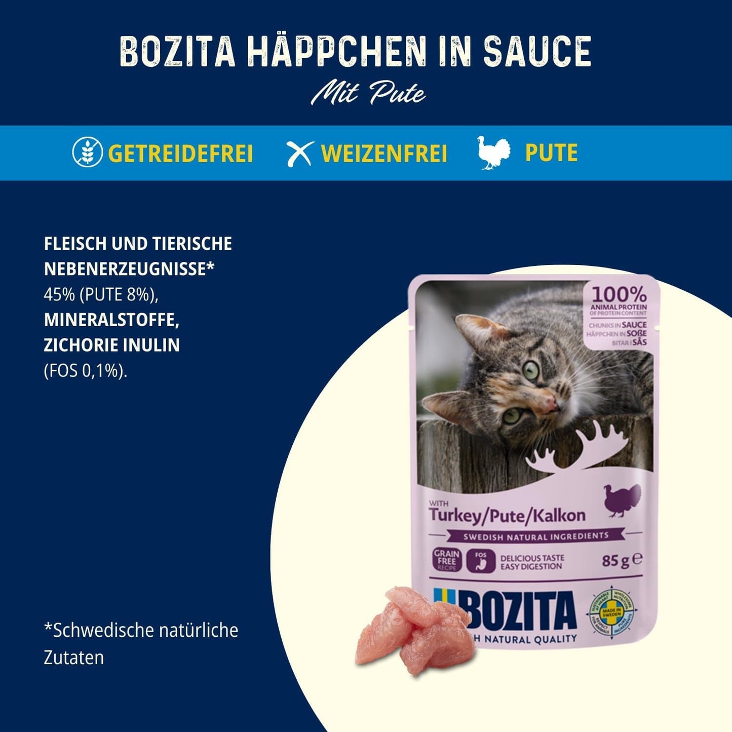 Bozita Pouch Nassfutter Häppchen w sosie z kurczakiem - 12x85g Porcjebeutel getreidefreies & weizenfreies Futter für Katzen - Katzennassfutter für erwachsene Katzen mit 8,5% białka i 4,5% fettgehalt