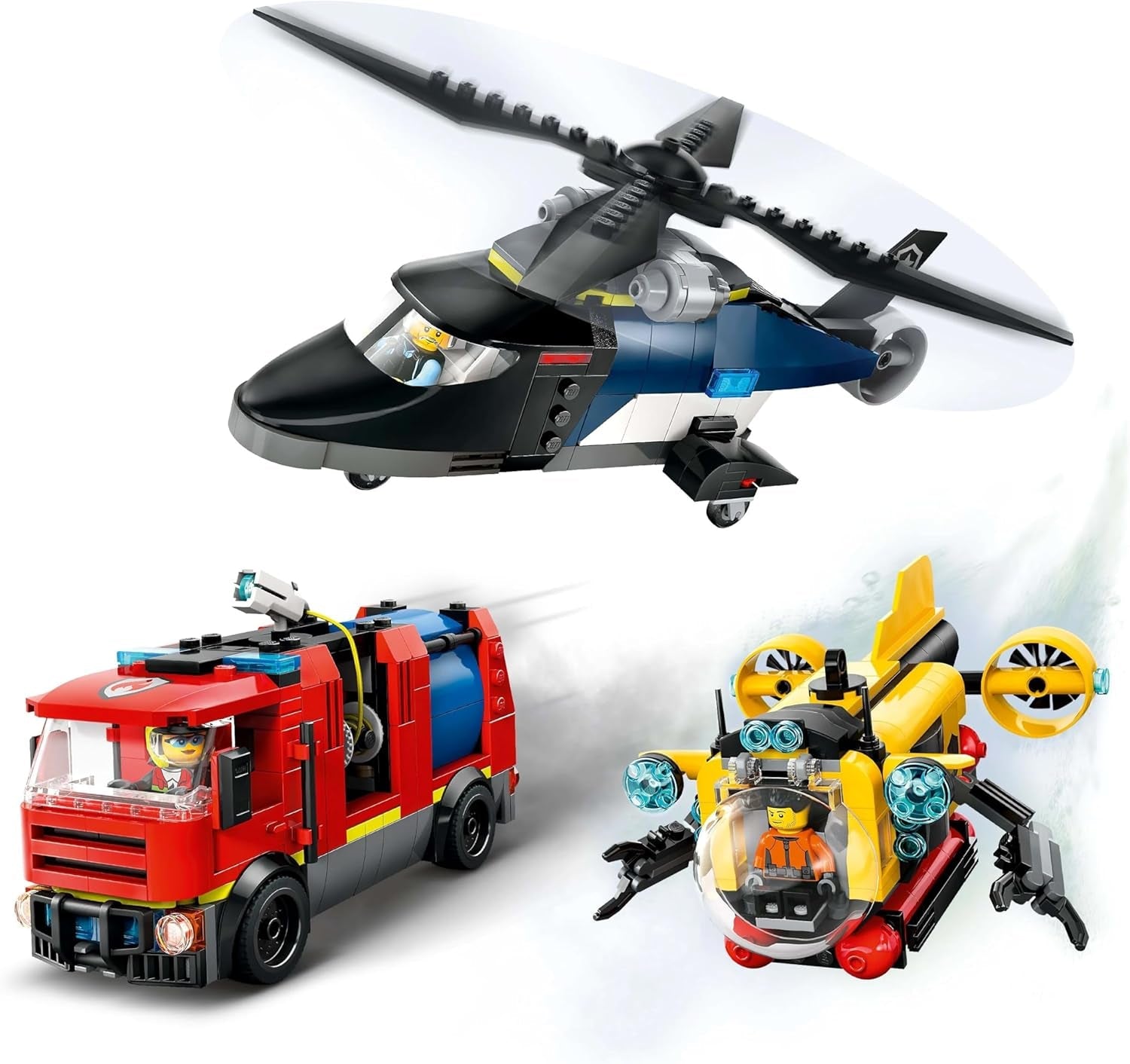 Zestaw LEGO City Combo zawierający helikopter, samochód z lwem i łódź podwodną oraz 3 minifigurki — zabawkowe pojazdy do zbudowania dla chłopców i dziewcząt od 7 lat — prezent urodzinowy i świąteczny 60462 Zestawy do budowania Besuche den LEGO-Store
