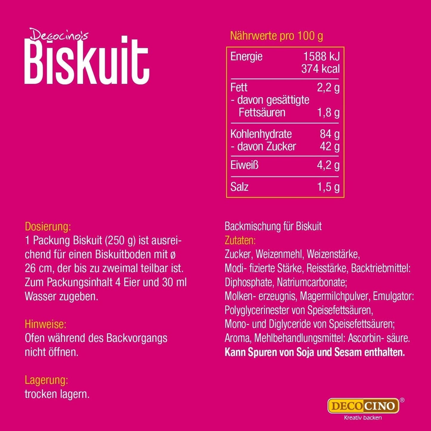 DECOCINO Biscuit Backmischung (250 G) – Einfache Zubereitung – Gelingsicher – Zum Backen Von Luftigen Biskuitböden, Creme-Torten, Biskuitrollen Uvm. Sklep Naty