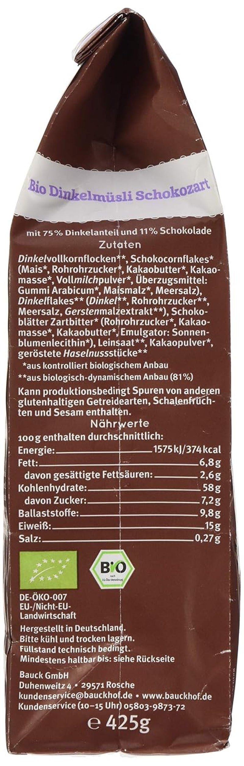 Bauck HOF Dinkelmüsli Schokozart, 425 g (1Er Pack) Zboża Naty Shop