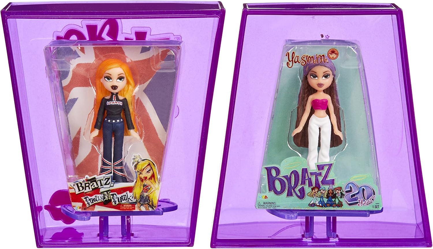 Lalki Bratz Miniverse MGA's Y2K Nostalgia Flashback Minis z limitowanej edycji - PAKIET NIESPODZIANKI - 2 mini lalki Bratz i gablota - świetny prezent dla dzieci i kolekcjonerów 6+