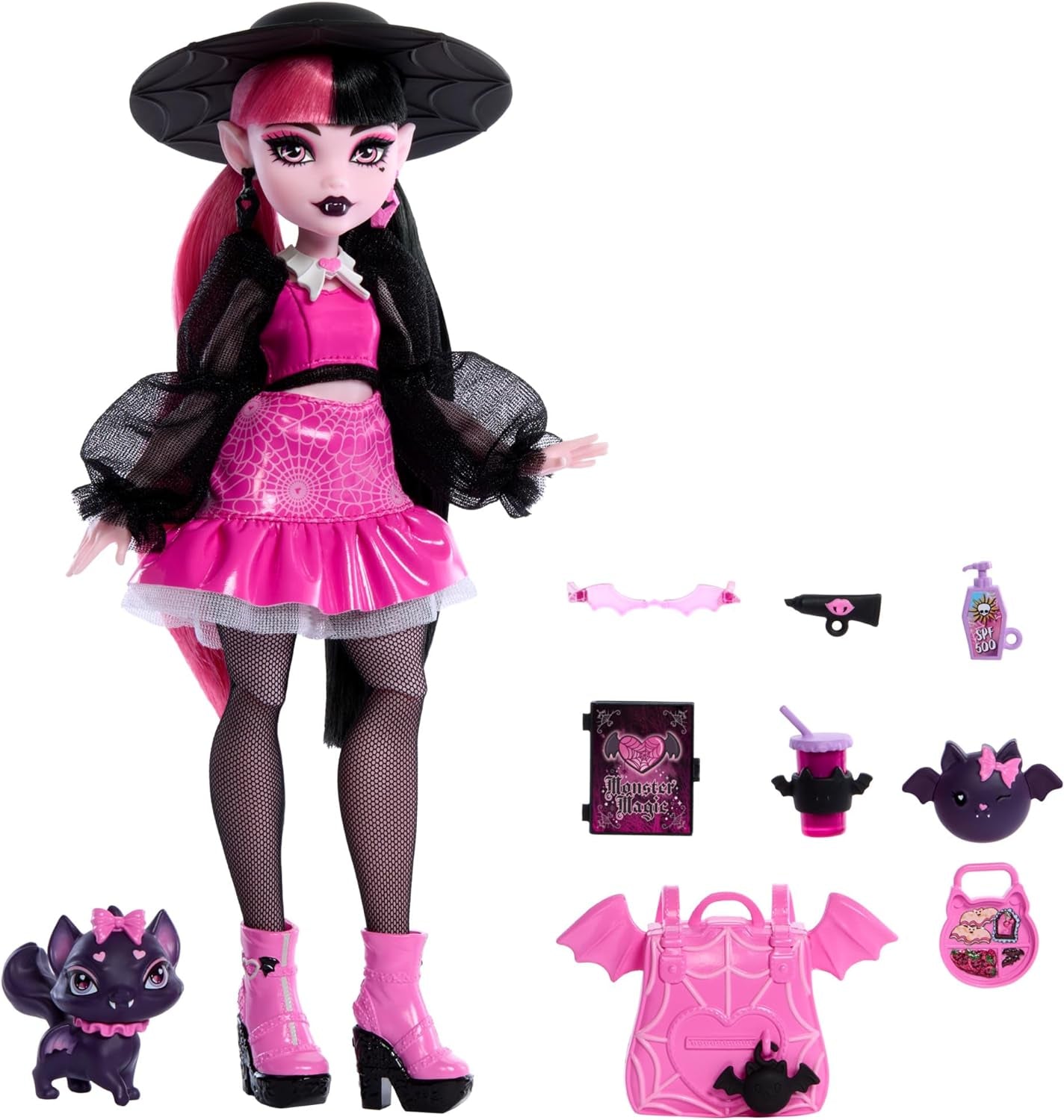 Lalka Monster High Draculaura ze swoim zwierzakiem, kotem-nietoperzem, Hrabią Fabulous i akcesoriami, takimi jak plecak, księga zaklęć, pudełko bento i nie tylko, HRP64