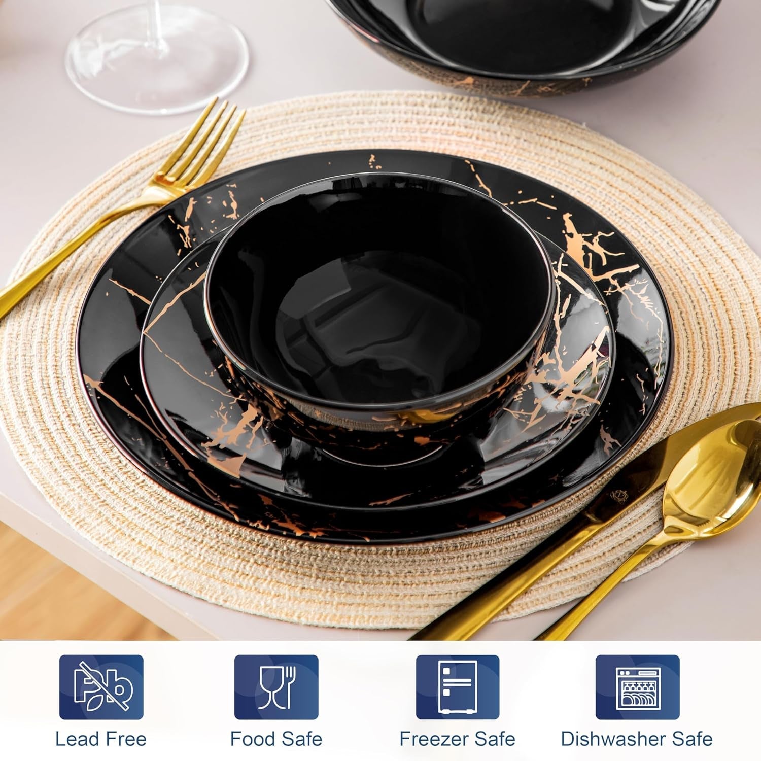 LOVECASA Seria Daphne Zestaw porcelanowych naczyń obiadowych SWEET 24-częściowy zestaw kombinowany Talerze obiadowe w złotym stylu Talerze deserowe Miski na płatki zbożowe i talerze obiadowe dla 6 osób