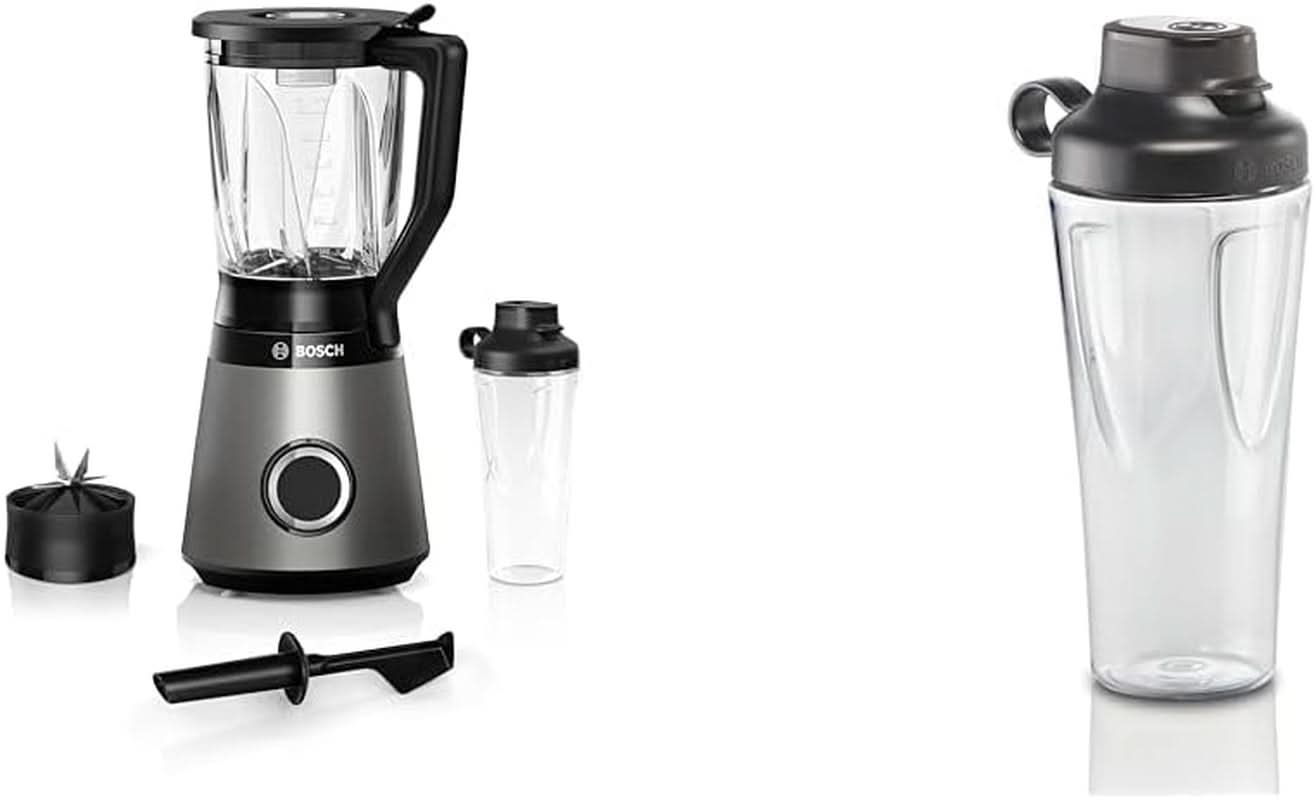 Mikser stojący Bosch Vitapower Serie 4 MMB6174SN, wersja Verbesserte, Hochwertige Edelstahl-Klingen, 1,5L Glasbehälter, 0,6L To-Go-Flasche, Spülmaschinenfeste Teile, 30.000 U/Min, 1200 W, Silber Bucatarie Naty Shop Bundle Mit Flasche 0,6 l 2 w 1, Neu Mit 10 Jahre Motorgarantie