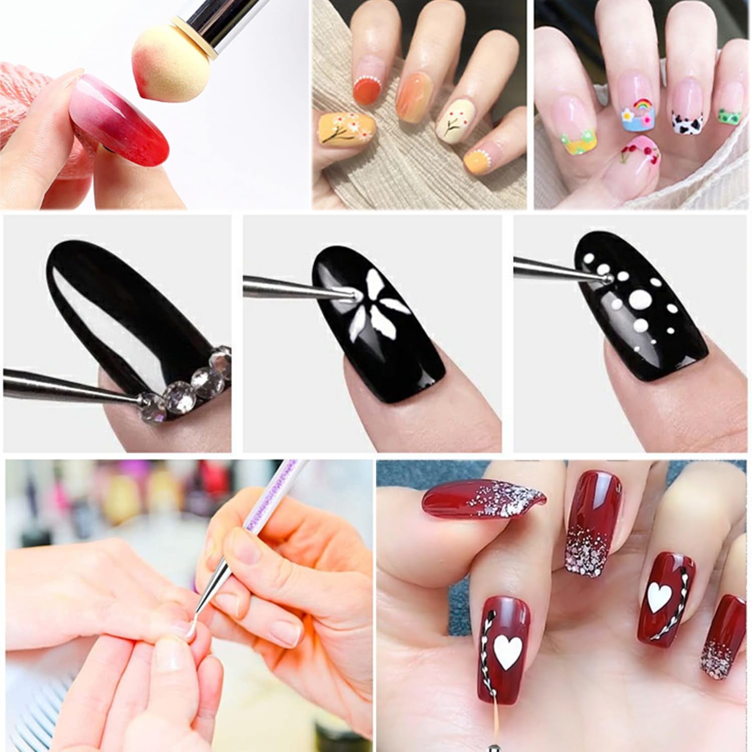 Zestaw 6 Stück Nagel Pinsel, Doppel-Ende Nageldesign Pinsel, Akryl Nail Art Zestaw Pinsel Nail Art Liner Pinsel Narzędzie do kropkowania dla DIY Nail Art Design (Mit 1 Schwammbürste)