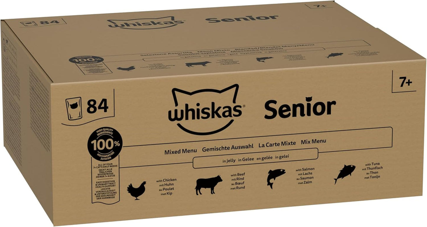 Whiskas Senior 7+ Mokra karma mieszana w galaretce, 84 saszetki, 84x85g (1 duże opakowanie) - Wysokiej jakości mokra karma dla kotów od 7 lat