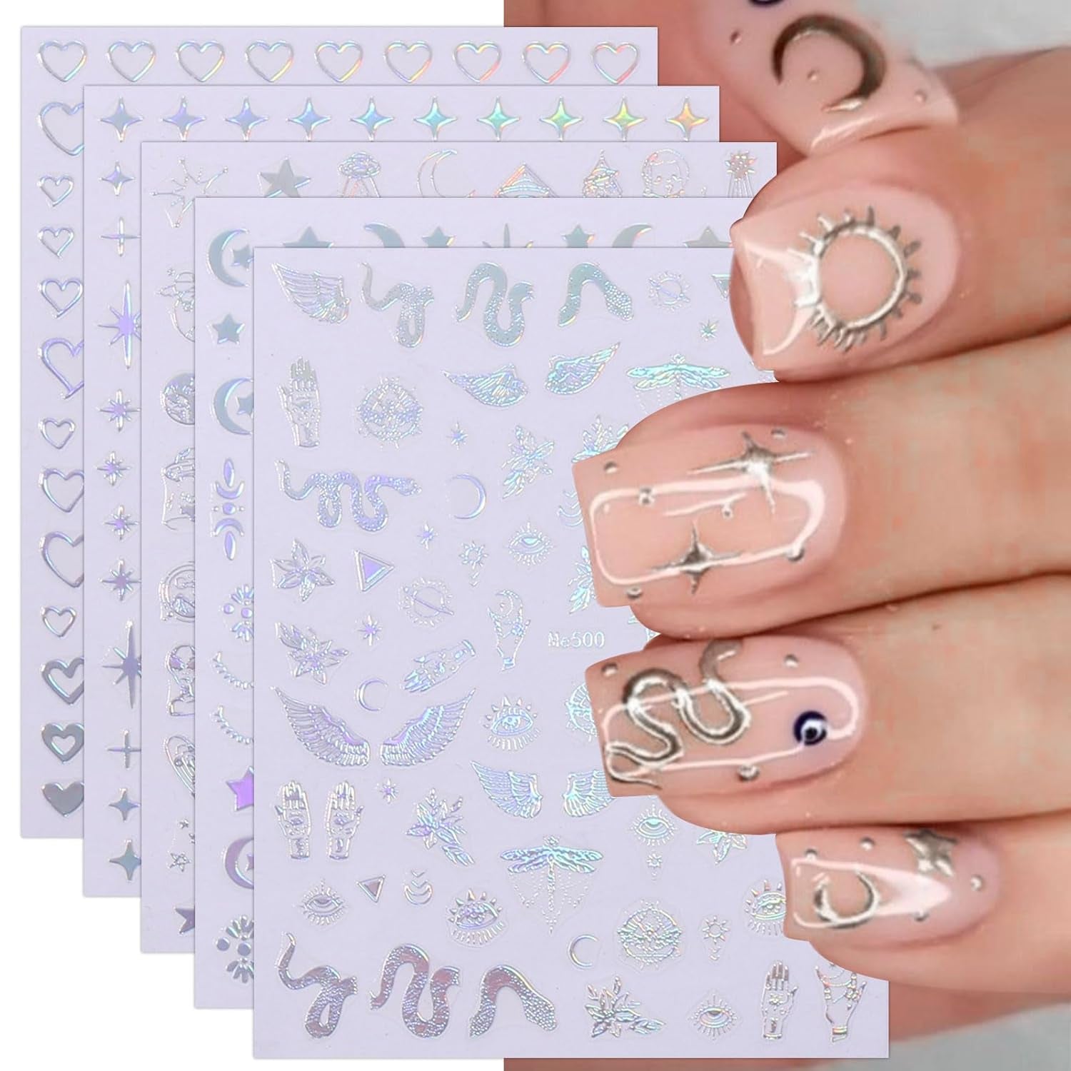 JMEOWIO Nagelsticker Mond Stern Schlange 10 Blatt Nail Art Naklejka Selbstklebend Nagelaufkleber Aurora Dekoration Nageldesign Zubehör