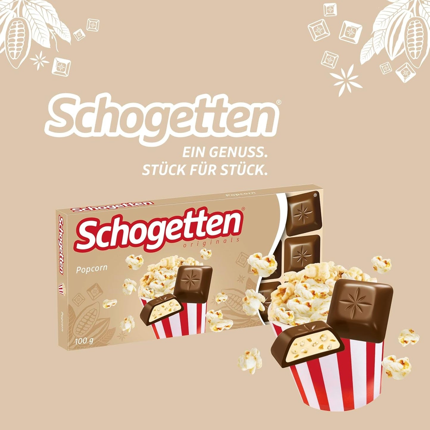 Popcorn Schogetten 1 tabliczka czekolady x 100 g, czekolada mleczna z popcornem i kawałkami kukurydzy, praktyczne pojedyncze sztuki. Przysmak. Kawałek po kawałku.