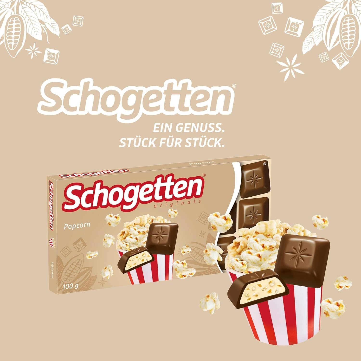 Popcorn Schogetten 1 tabliczka czekolady x 100 g, czekolada mleczna z popcornem i kawałkami kukurydzy, praktyczne pojedyncze sztuki. Przysmak. Kawałek po kawałku.