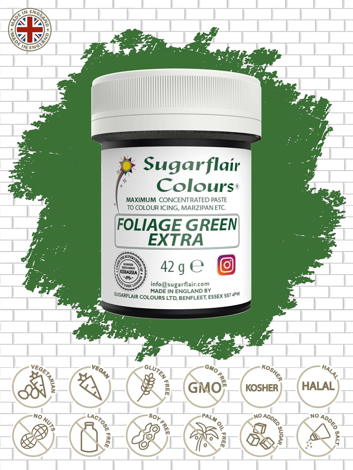 Sugarflair Max Concentrated Foliage Green Barwnik spożywczy, Wysoko skoncentrowany barwnik spożywczy z marcepanu i kremówki, Max Concentrate Pasta Barwnik - 42g