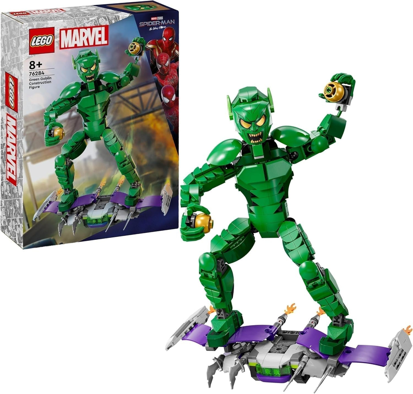 Figurka LEGO Marvel Green Goblin, ruchoma zabawka do budowania superzłoczyńcy dla dzieci w wieku 8+, chłopców i dziewcząt, zestaw wszechświata Spider-Mana z suwakami i bombami dyniowymi, pomysł na prezent dla superbohatera 76284 zestawy do budowania Besuche den LEGO-Store Default Title