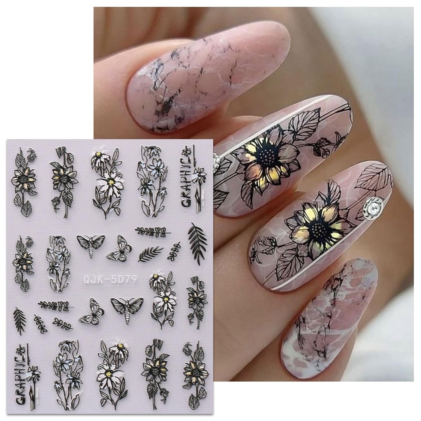 JMEOWIO 6 Blatt 3D Nagelsticker Frühlings Blume Nail Art Naklejka Selbstklebend Nagelaufkleber 5D Stereoskopisch Bunte Sommer Blumen Dekoration Nageldesign Zubehör
