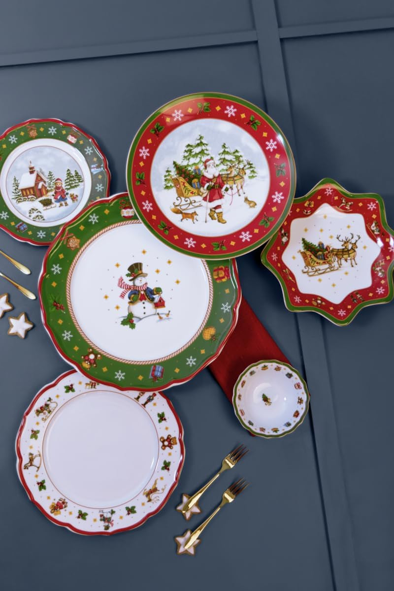 Hutschenreuther Happy Wintertime Czerwony Świąteczny zestaw zastawy stołowej dla 6 osób, porcelana, wielokolorowy, 6 talerzy śniadaniowych, 6 talerzy obiadowych i 6 talerzy obiadowych, można myć w zmywarce i używać w kuchence mikrofalowej
