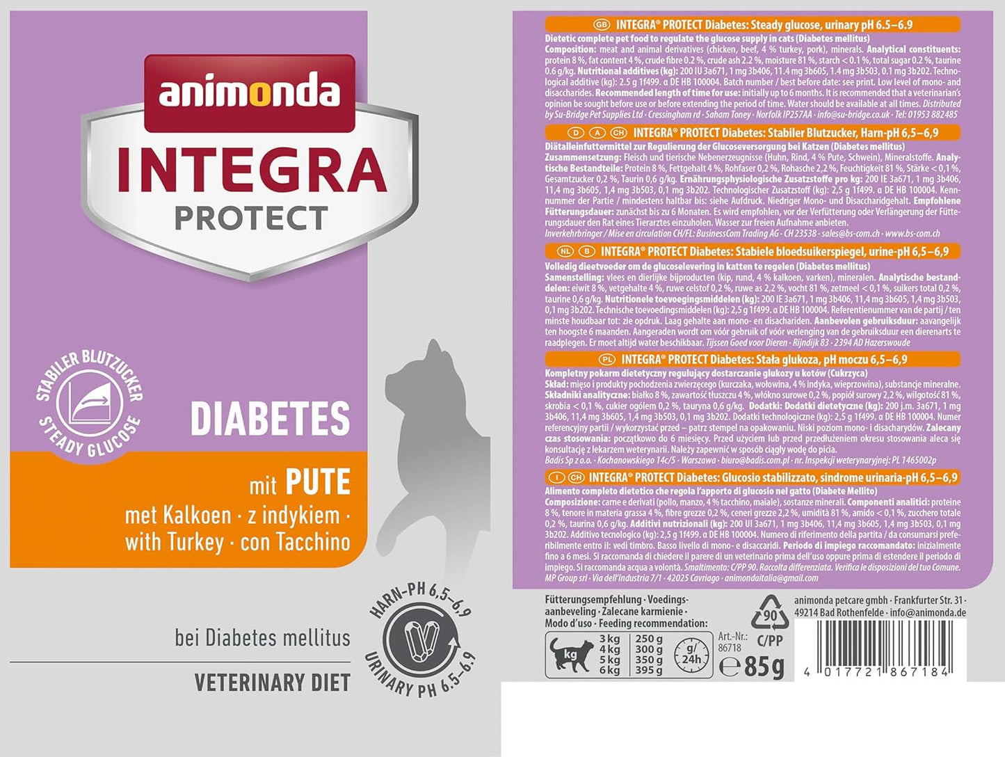 Animonda INTEGRA PROTECT mokra karma dla kotów chorych na cukrzycę z mięsem indyka (24 x 85 g), polecana przez lekarzy weterynarii na cukrzycę, pełnoporcjowa dietetyczna karma dla dorosłych kotów, opracowana wspólnie z lekarzami weterynarii.