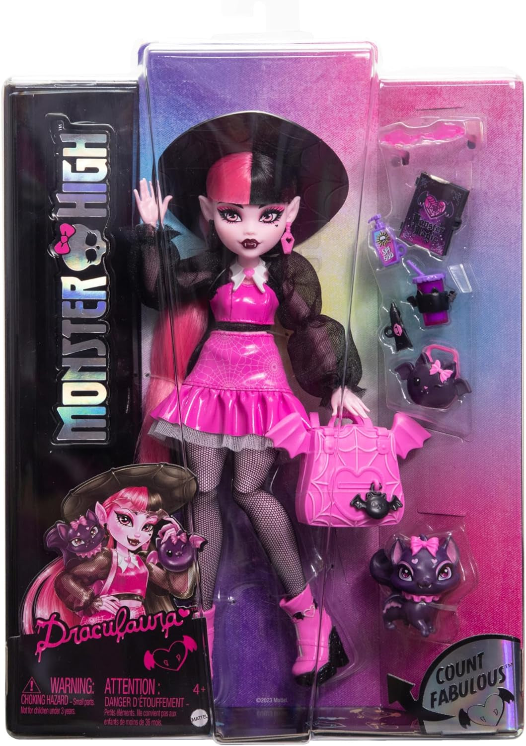 Lalka Monster High Draculaura ze swoim zwierzakiem, hrabią, wspaniałym kotem-nietoperzem i akcesoriami, takimi jak plecak, księga zaklęć, pudełko bento i inne, lalki HRP64 Naty Shop