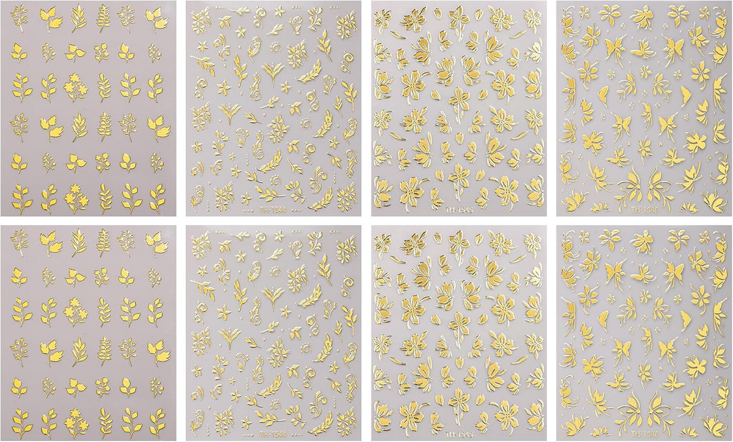 JMEOWIO Nagelsticker Goldene Blumen 8 Blatt Nail Art Naklejka Selbstklebend Nagelaufkleber Dekoration Nageldesign Zubehör