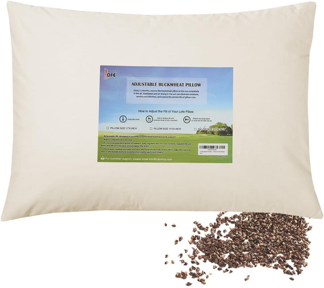 LOFE Organiczna poduszka do spania z gryki 35,6 x 50,8 cm Regulowana, oddychająca, chłodna poduszka do spania dla podkładów tylnych i bocznych (łuski gryki tatarskiej) Naty Shop Standardowe poduszki Kolor kremowy Średni rozmiar (16–22 cali)