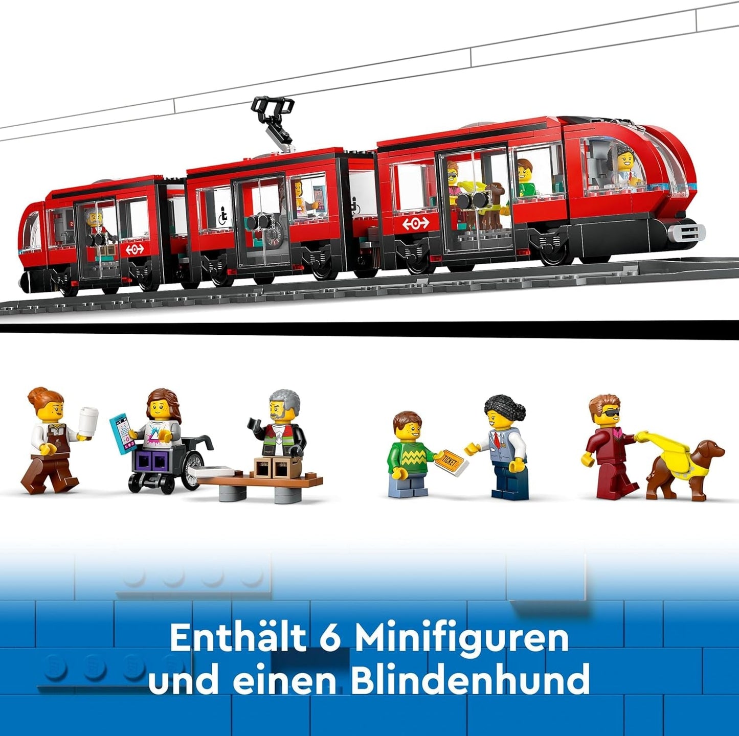 LEGO City tramwaj ze stacją, pomysł na prezent dla fanów zabawek samochodowych od 7 lat, z 6 minifigurkami i psem przewodnikiem do odgrywania ról, zabawka do budowania 60423 Zestawy do budowania Besuche den LEGO-Store