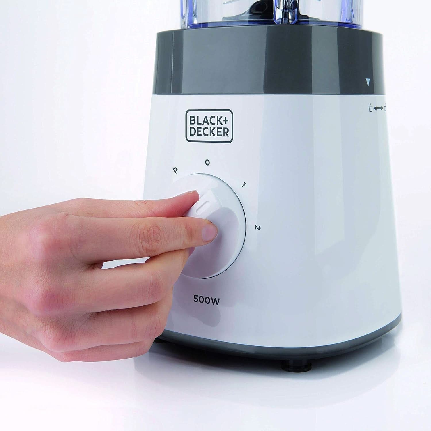 BLACK+DECKER Mikser stojący | 500W | 2 prędkości | Funkcja impulsu | Glaskrug | 1,5 l | Edelstahlmesser Mit 4 Klingen | Herausnehmbar Und Leicht Zu Reinigen | Weiß Und Grau Kitchen Naty Shop