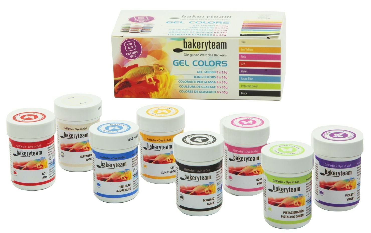 Bakeryteam barwniki spożywcze w żelu do fondantu, marcepanu, babeczki, kremu, ciasta, tortu, lodów, zestaw (8 x 35g)