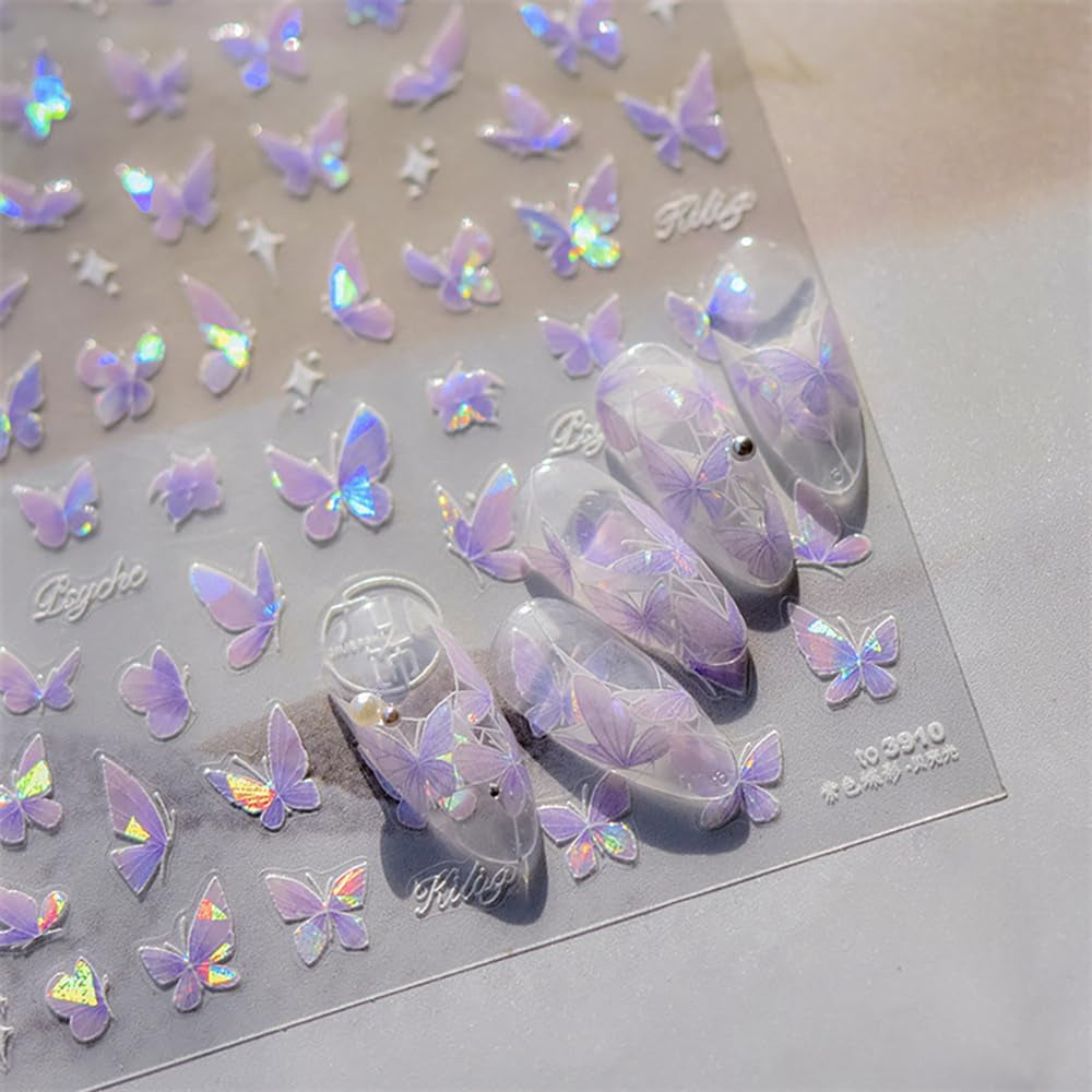2 Blätter Schmetterling Nagelsticker Selbstklebend,Muschel Glitzer Nail Art Motyl Naklejka na paznokcie Lila Grau Schmetterlinge Nagelaufkleber Relief Laserowe motyle Nagel Naklejka Nageldesign Zubehör