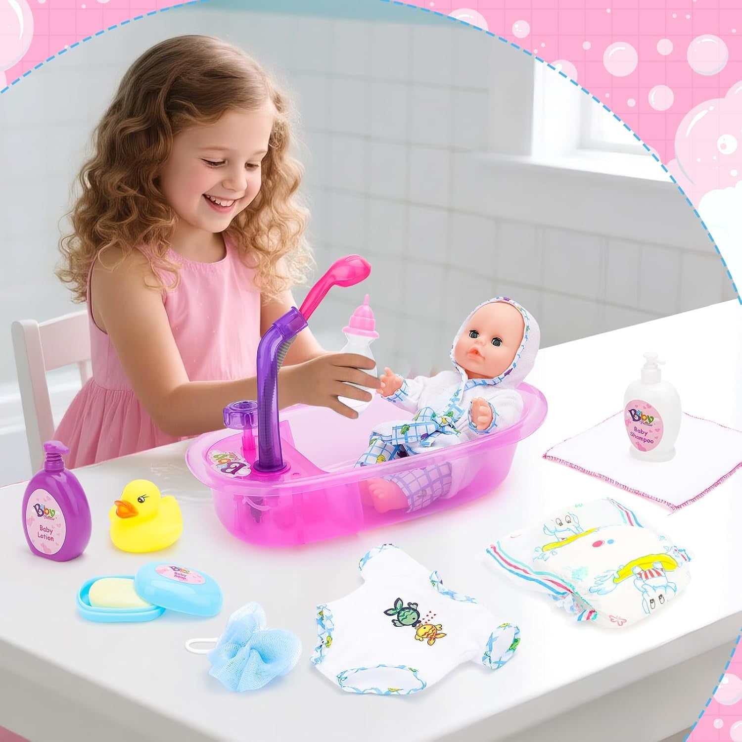 Zestaw wanny dla lalek deAO, interaktywna lalka 33 cm, wanienka dla lalek, zestaw dla lalek ze smoczkiem, ubranka dla lalek, szlafrok, pieluchy dla lalek, wanna i funkcjonalny spray pod prysznic