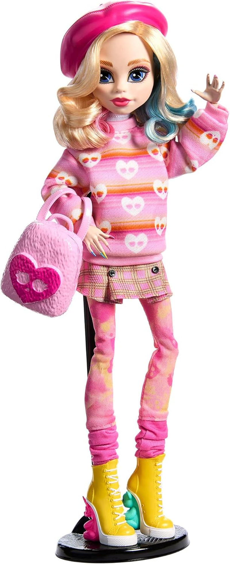 Lalka Monster High Wednesday i akcesoria Różowa figurka kolekcjonerska Enid Sinclair z beretem i stojakiem na plecak dla lalek HXJ05