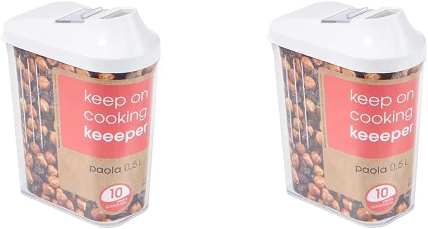 Pudełko do nalewania keeeper na suche zapasy, płynnie regulowana pokrywa dozująca, tworzywo sztuczne, 500 ml, 8 x 4,5 x 15 cm, Paola, białe Pudełka do przechowywania żywności Naty Shop 500 ml (2 szt.)