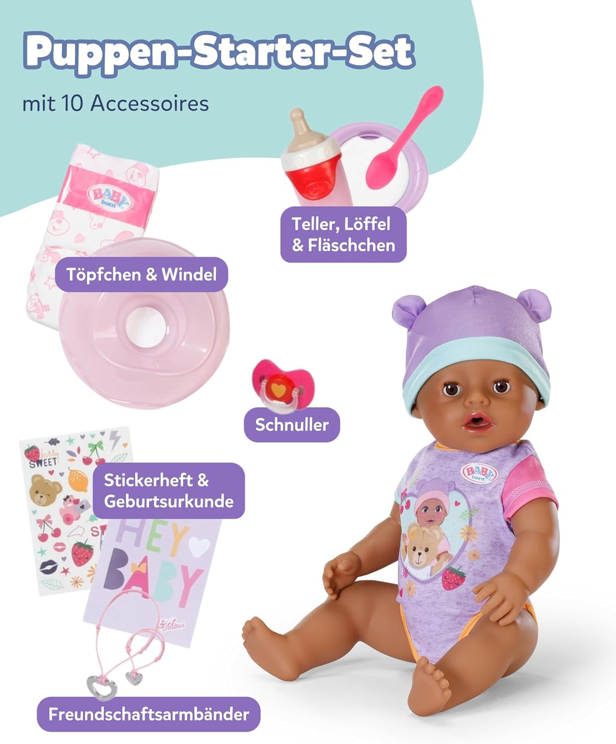 BABY Born Eva - laleczka bobas 43 cm - 10 funkcji, w tym akcesoria i materacyk - W pełni działa bez baterii - Odpowiednia dla dzieci w wieku od 3 lat