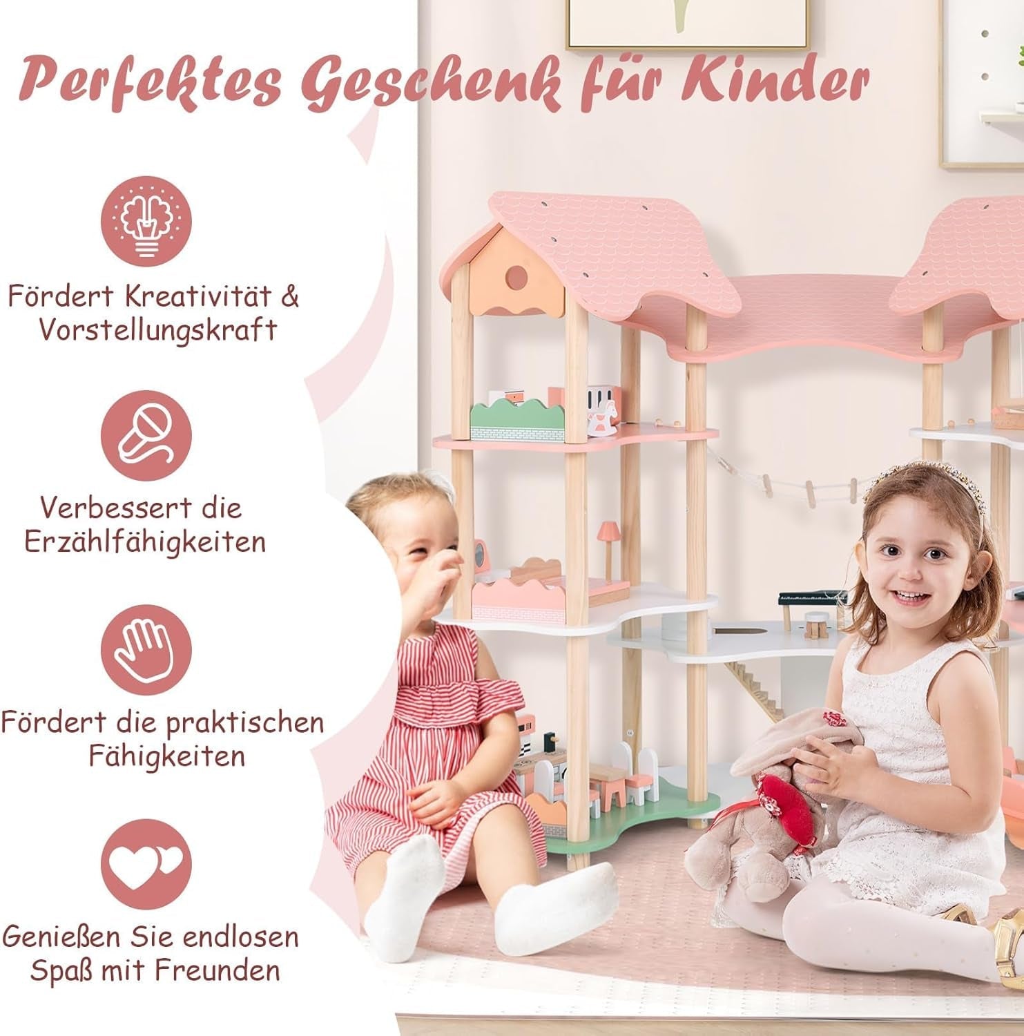 Drewniany domek dla lalek FANTASK, wysokość 85 cm, 7-pokojowy domek dla lalek z 32 meblami i akcesoriami, domek dla lalek z drabinką linową, domek dla lalek prezent dla 3-letnich dziewczynek (model 3) Naty Shop Dollhouses
